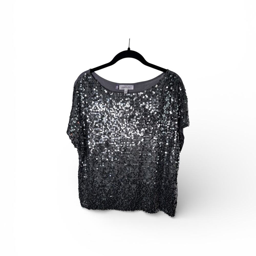 Jennifer Lopez Gray Sequin Front Short Sleeve Top Size Medium